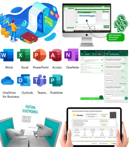 Respuestas automáticas WhatsApp Business, Microsoft Word, Microsoft PowerPoint, Microsoft Excel, Microsoft Team, Microsoft One Drive, Facturación electrónica, Nomina electrónica, DIAN